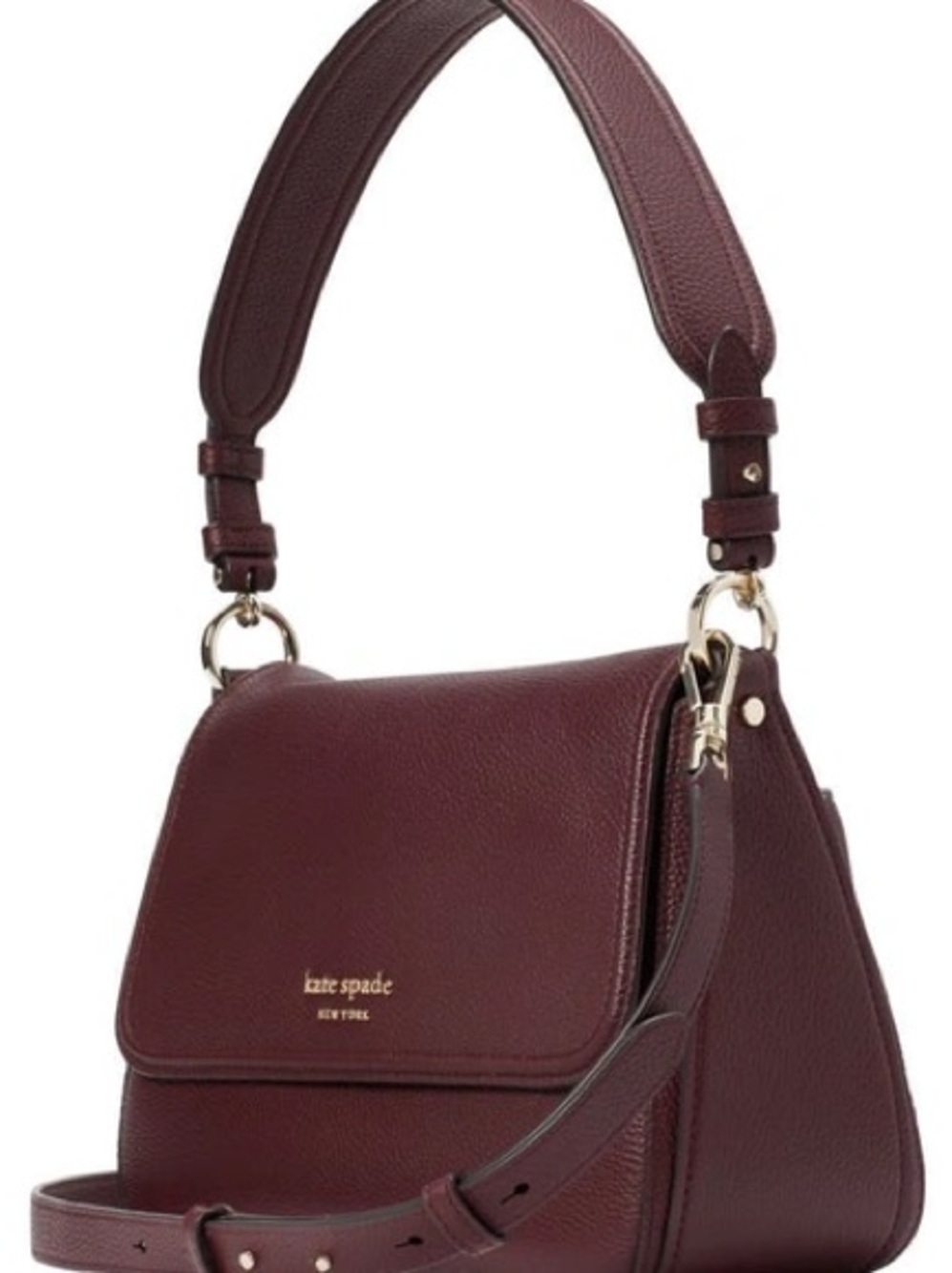 kate spade New York Burgundy Pebble Leather Flap Shoulder Bag with Gold Hard
